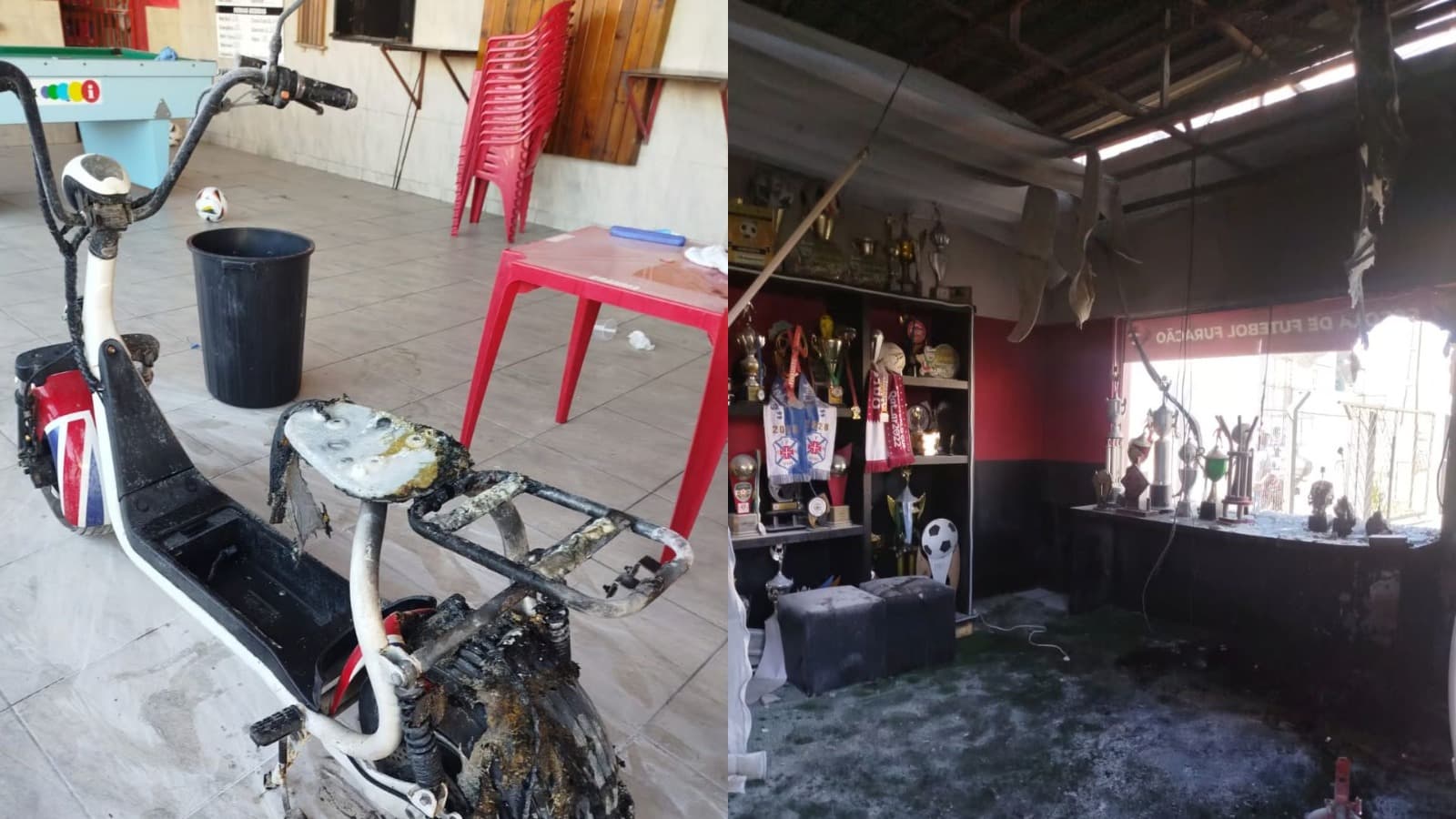 Bateria de bicicleta elétrica pega fogo durante carregamento e causa incêndio em escolinha de futebol em Itajaí