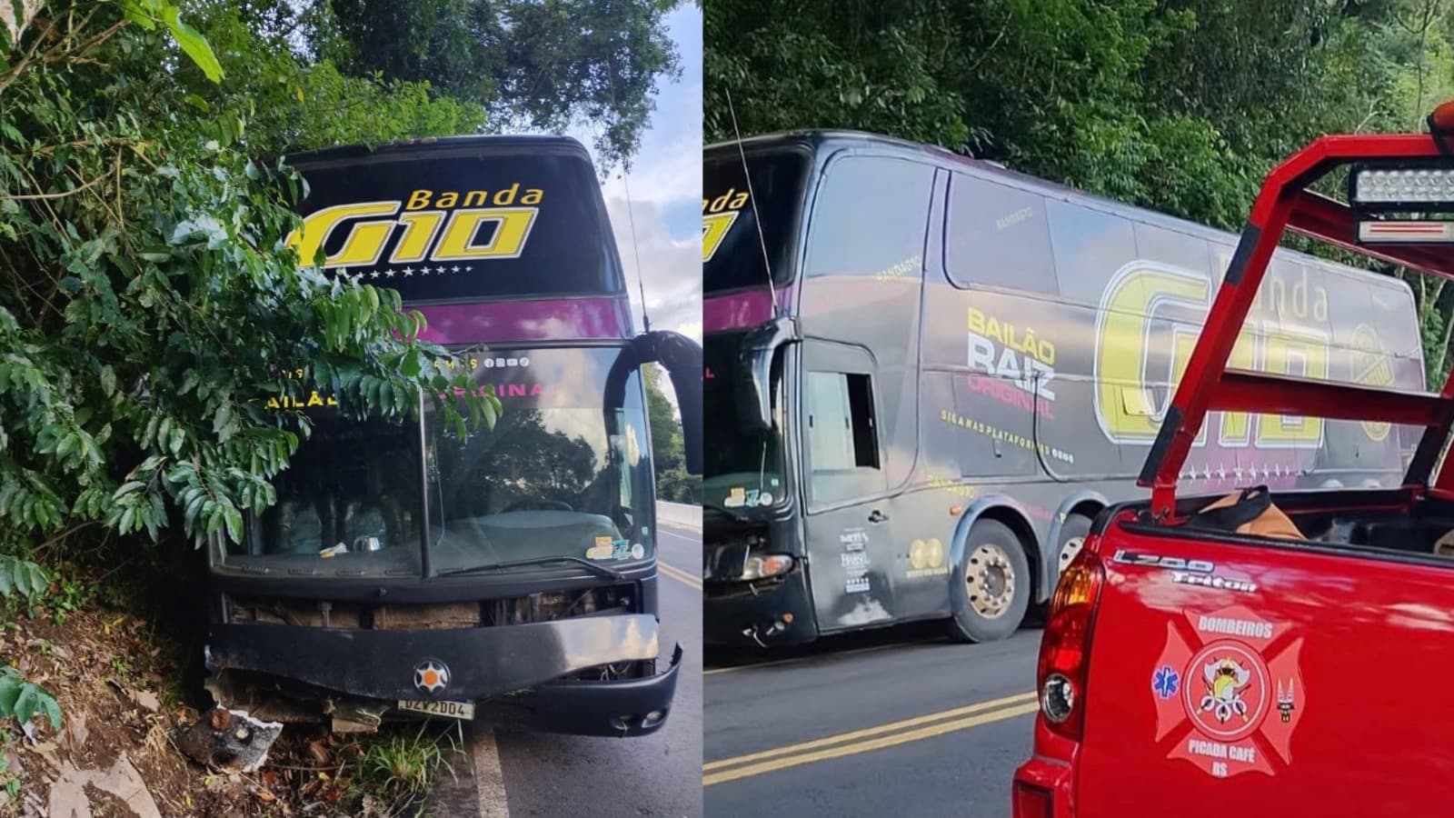 “Novo susto para o catarinense Paulinho Dill”: ônibus da Banda G10 bate em barranco no RS
