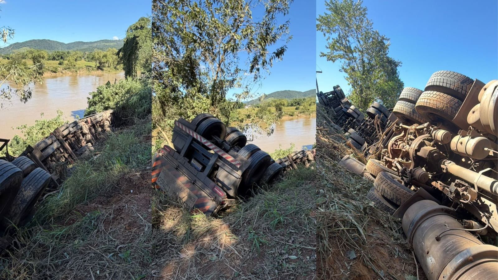Motorista é resgatado após bitrem tombar em ribanceira no Vale do Itajaí