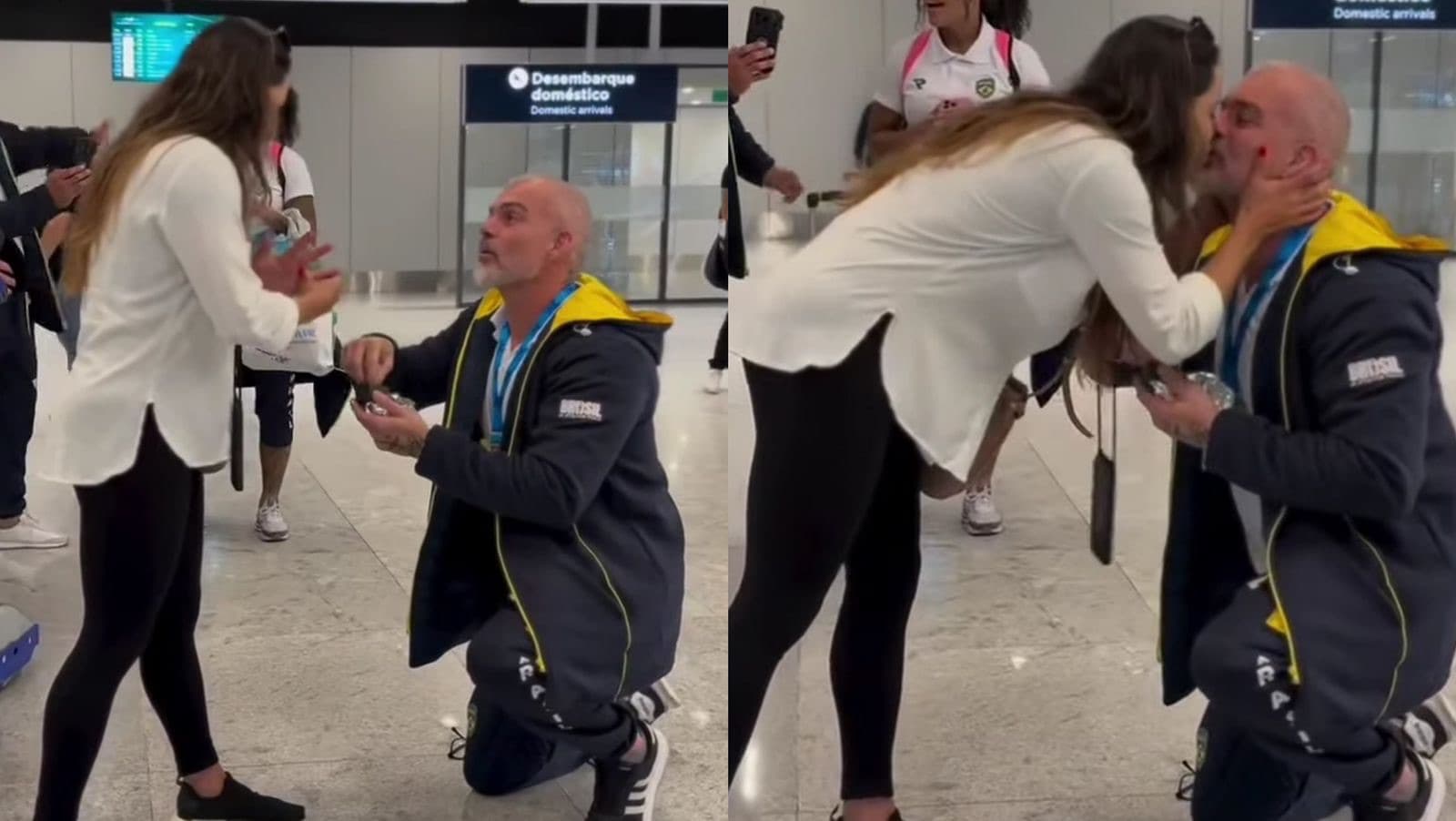 Atleta com doença rara volta campeão europeu e pede a namorada em casamento no aeroporto de Florianópolis