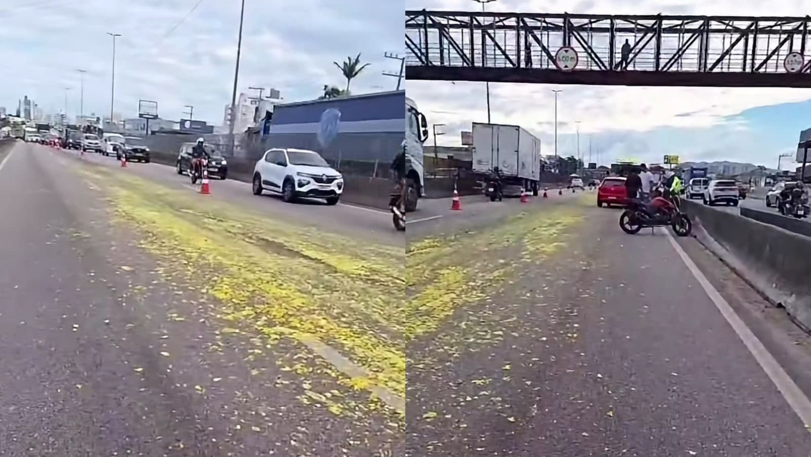 Bagaço de laranja cai na pista e trava BR-101, em São José