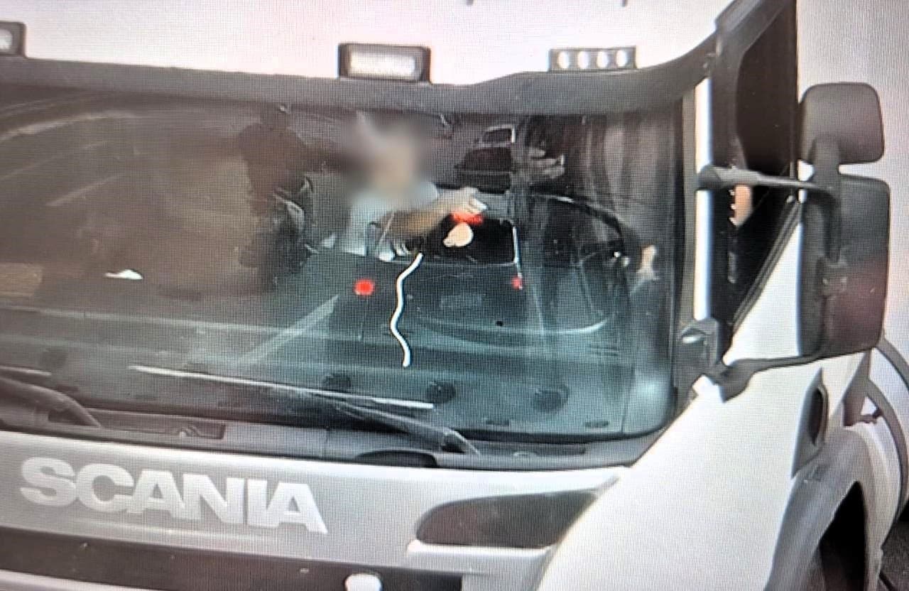 Criança segurava o volante de caminhão na Via Expressa enquanto motorista estava no celular