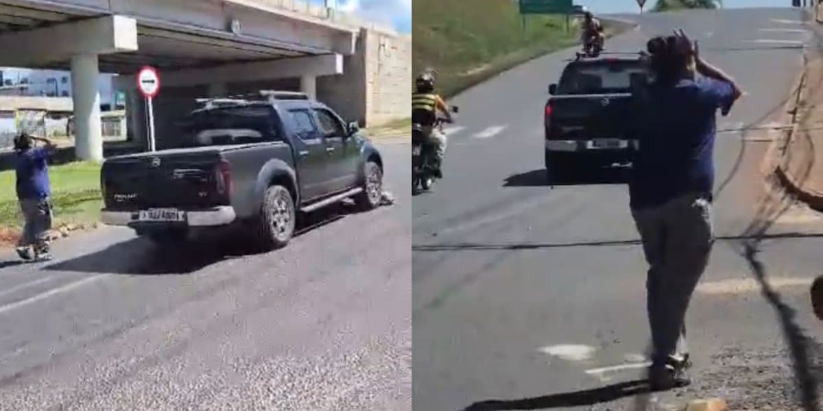 “Fez uma cagada e pouco”: idoso se revolta após acidente e arrasta moto com caminhonete em SC