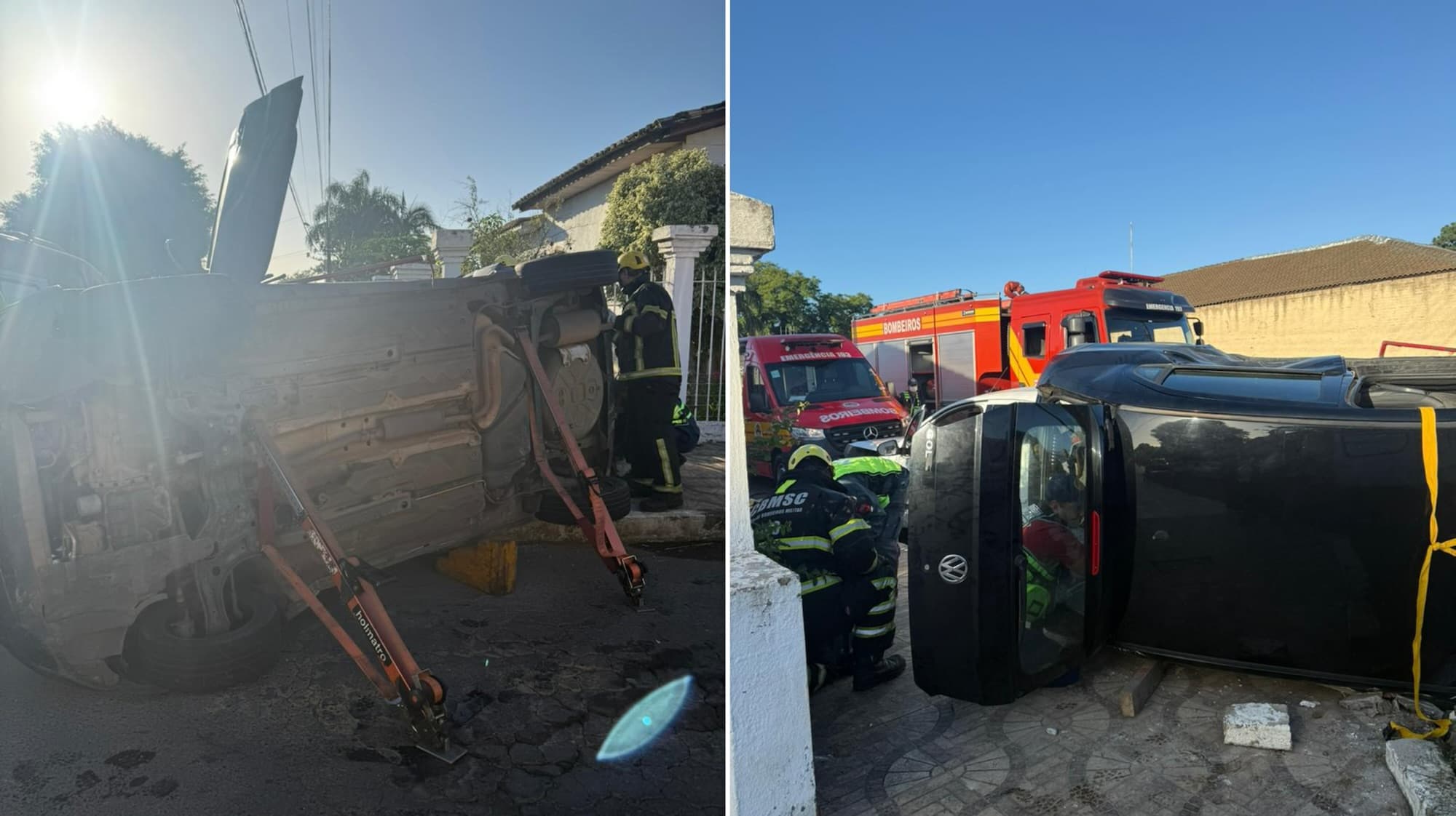 Mulher fica presa em carro tombado e é retirada pelos bombeiros após acidente em Criciúma