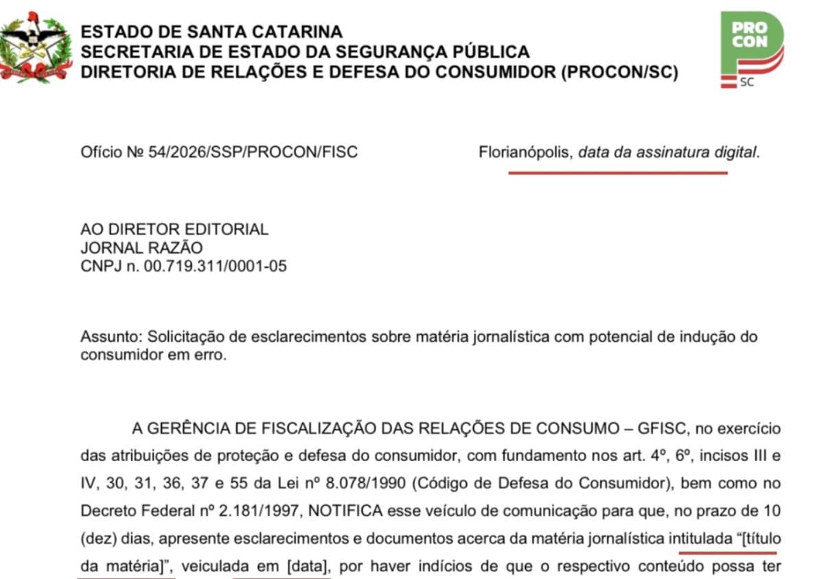 Procon exige que Jornal Razão se explique sobre “[título da matéria]” publicada em “[data]”