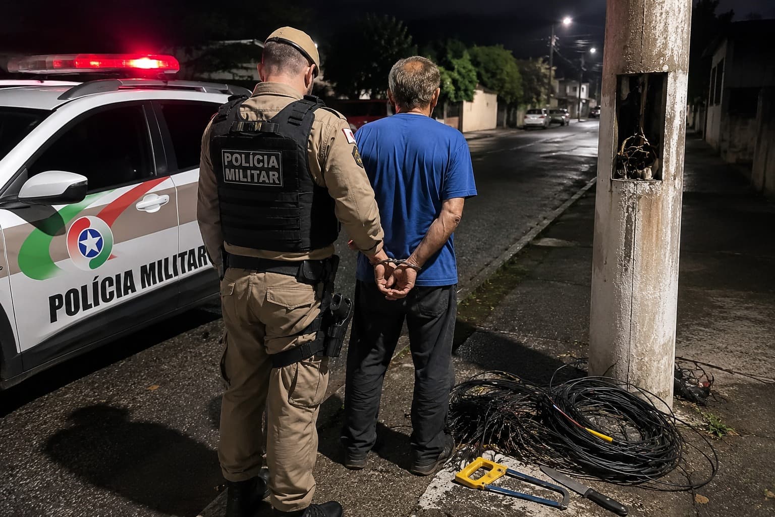 Homem corta fios de poste achando que “não eram de ninguém” e acaba preso em SC