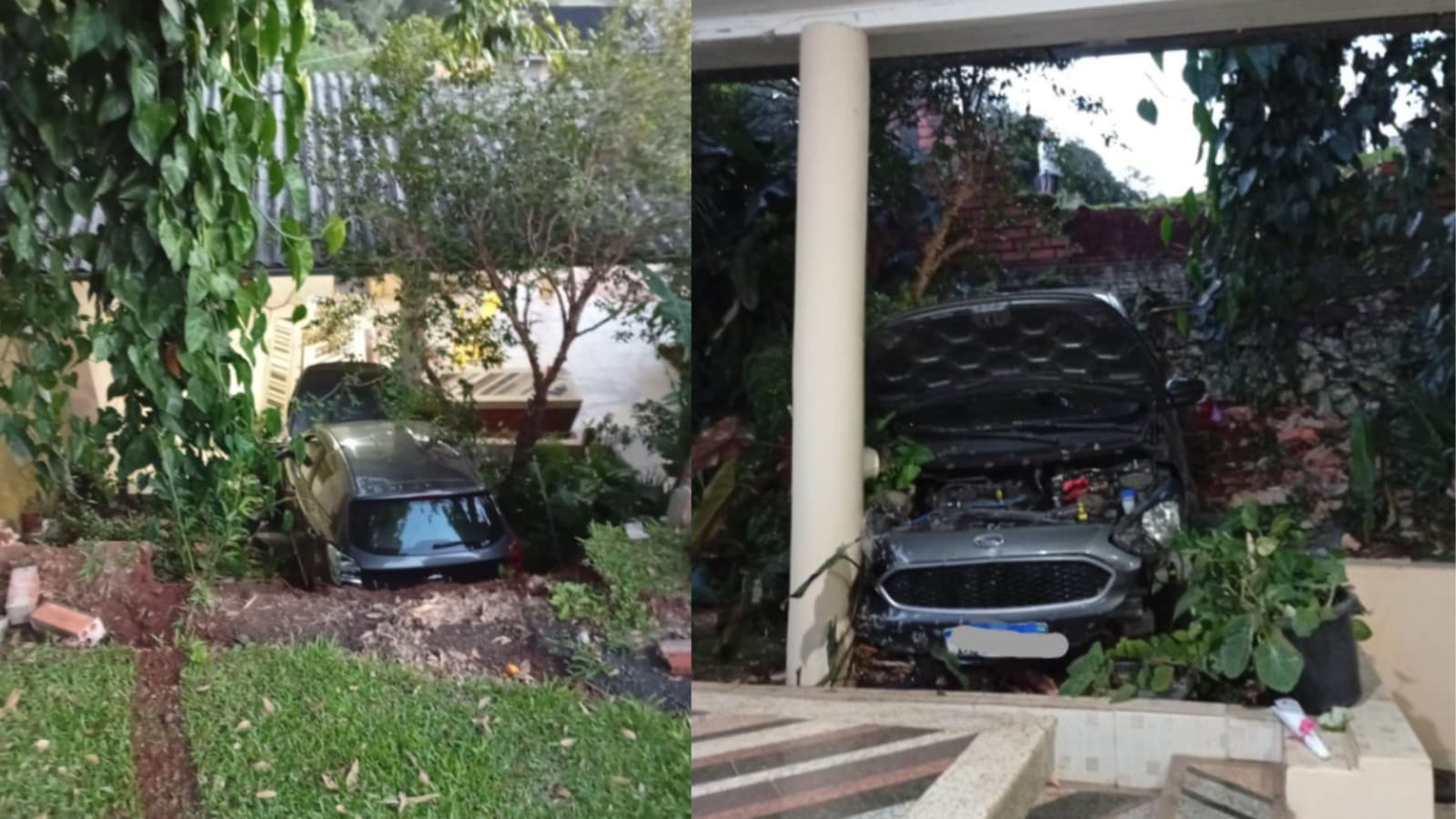 Carro com quatro idosas cai em ribanceira e vai parar em varanda de residência em SC