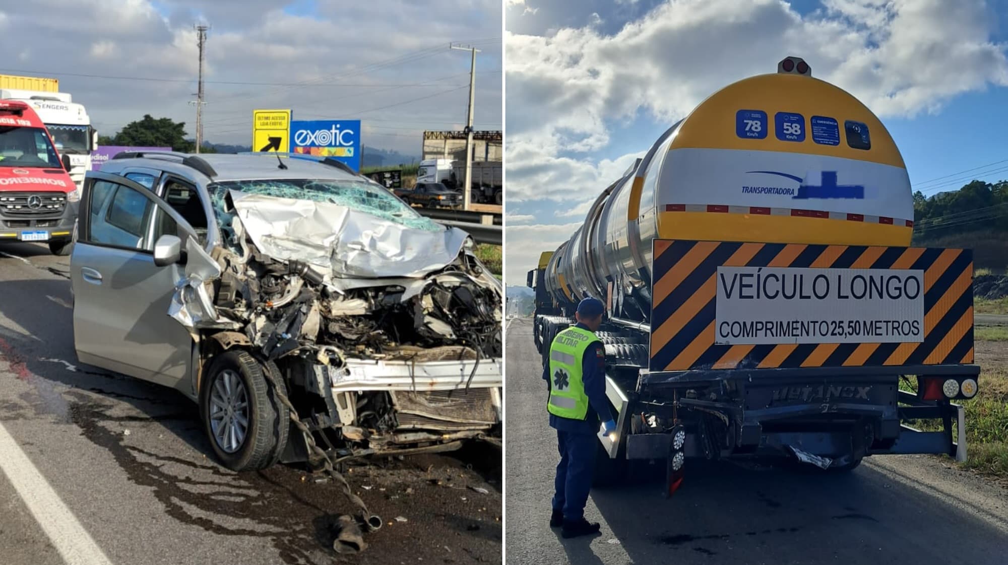 Acidente entre carro e caminhão-tanque mobiliza bombeiros na BR-101: “completamente destruído”