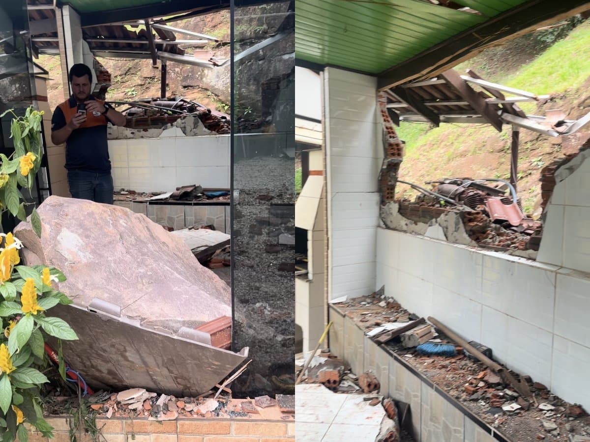 “Por pouco não tinha gente em casa”: pedra despenca de condomínio e atinge residência em Blumenau