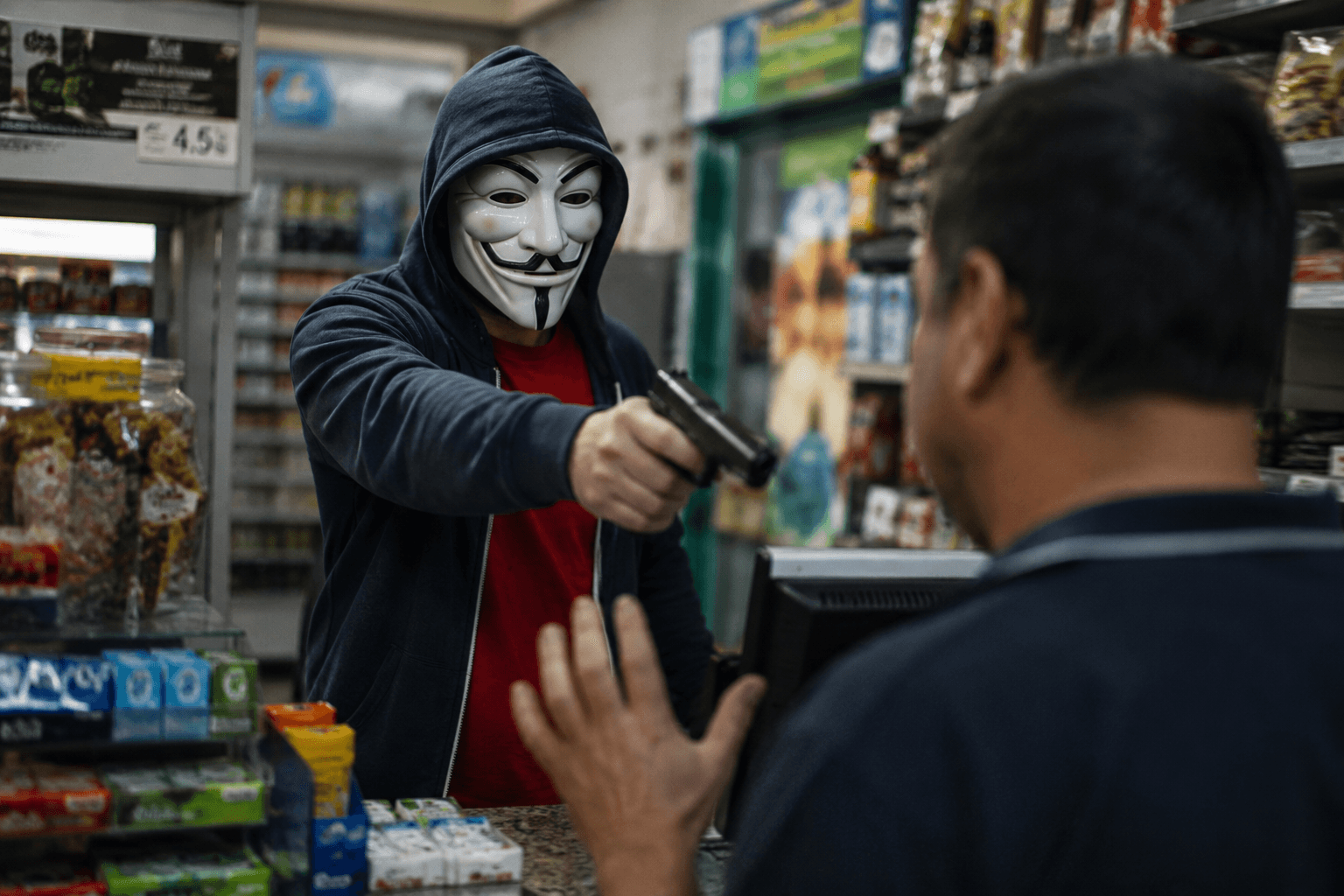 Com máscara semelhante à de filme, criminoso invade comércio, rouba dinheiro e desaparece