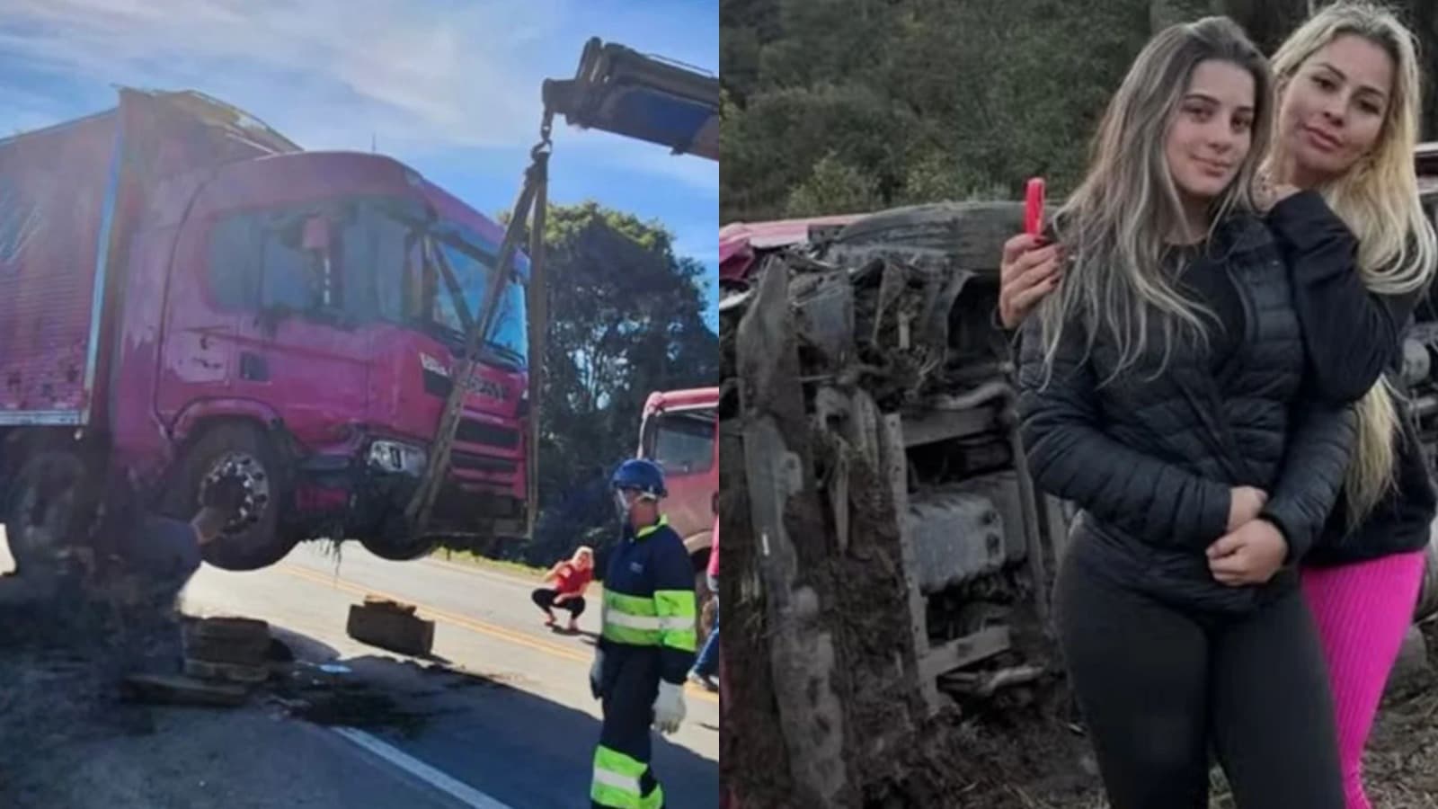 “Eu fiz de tudo para evitar”: caminhão de influenciadora tomba após carro invadir pista em SC