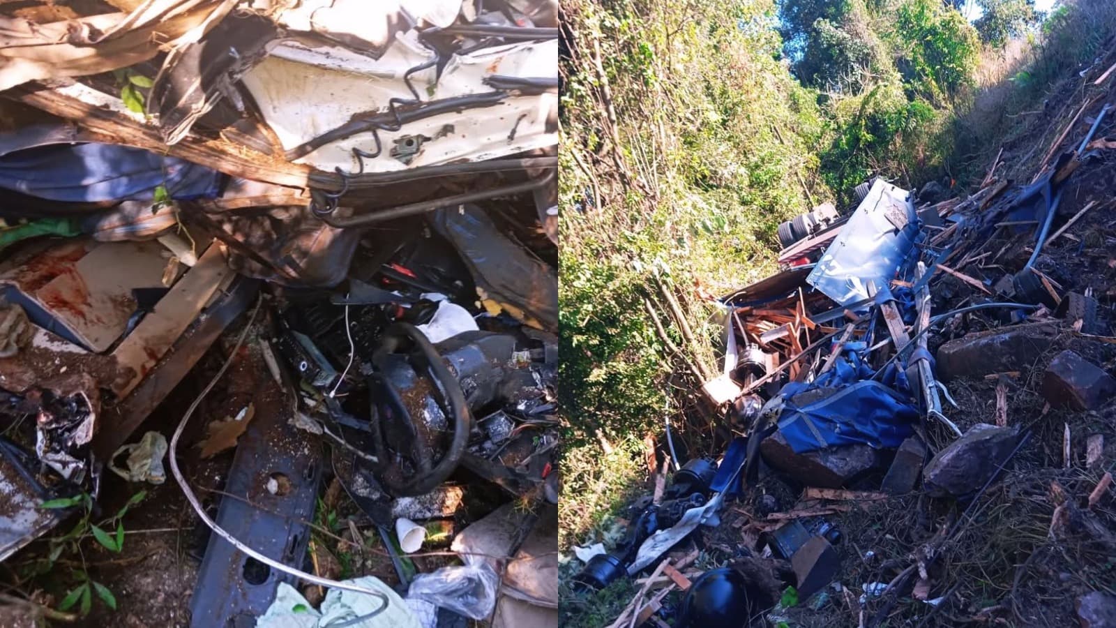 Carreta fica destruída após despencar em ribanceira, mas caminhoneiro sobrevive em SC