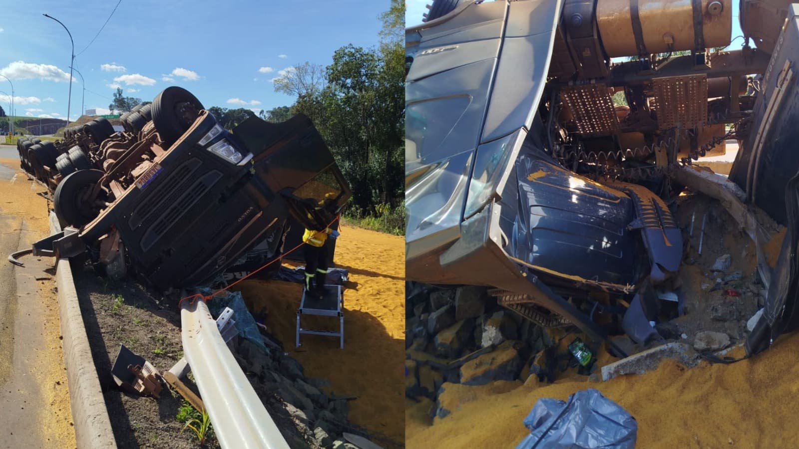 Mulher morre soterrada por carga de ração após caminhão tombar em SC; marido é resgatado com vida