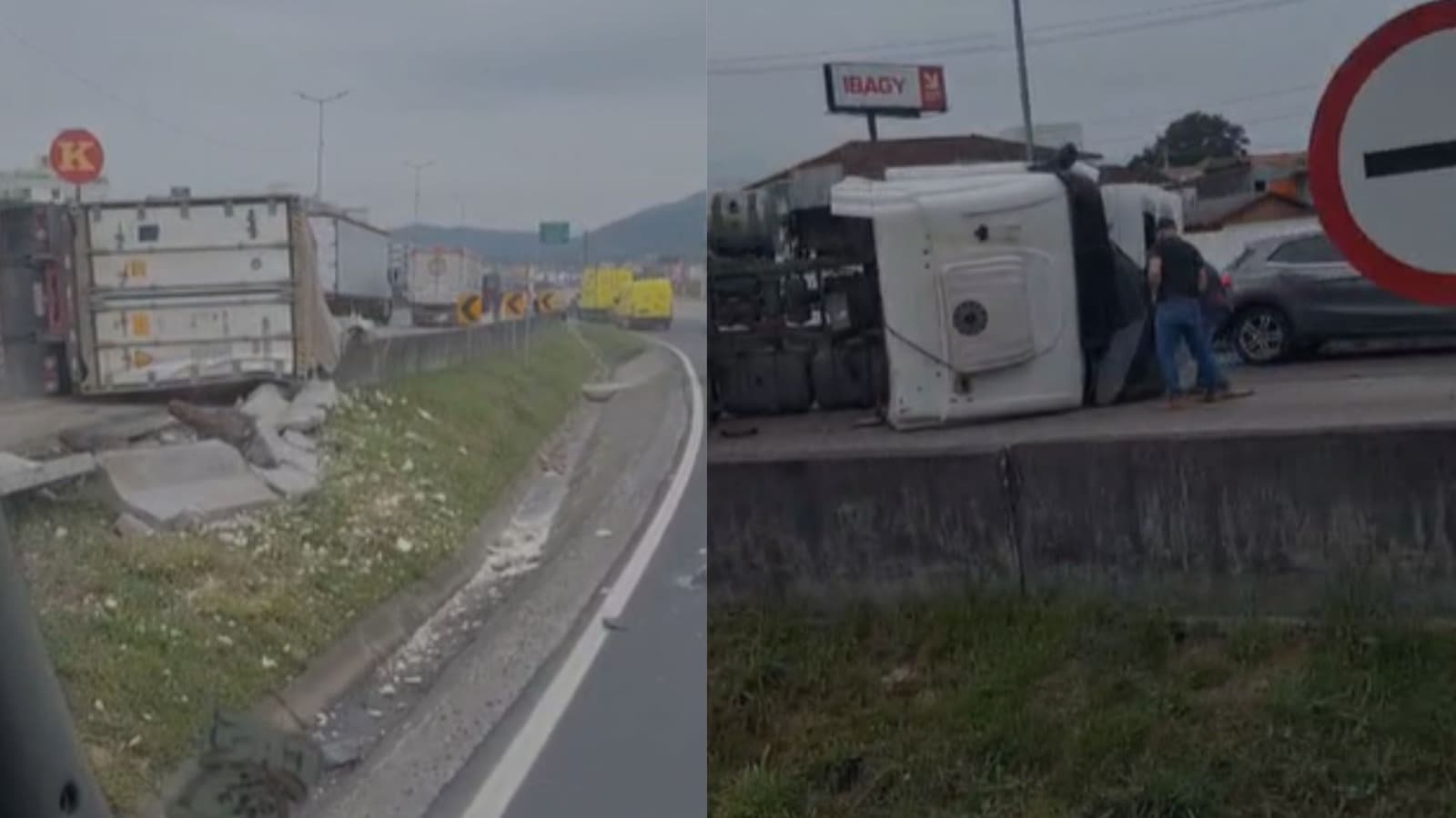 Carreta tomba e motoristas enfrentam lentidão na BR-101 em Biguaçu