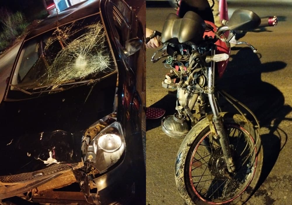 Passageiro de moto para sobre o teto de carro após batida violenta em Concórdia, três ficam feridos