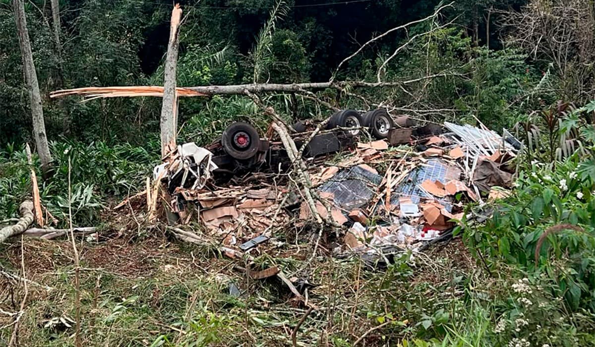 Caminhão carregado com placas solares tomba, atinge postes e deixa motorista morto em SC