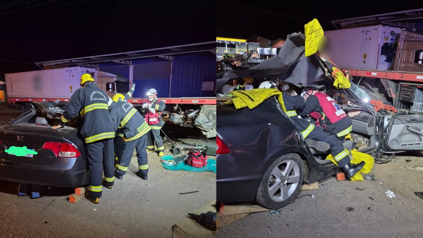 Carro fica destruído após bater em carreta estacionada e motorista fica preso às ferragens em Concórdia