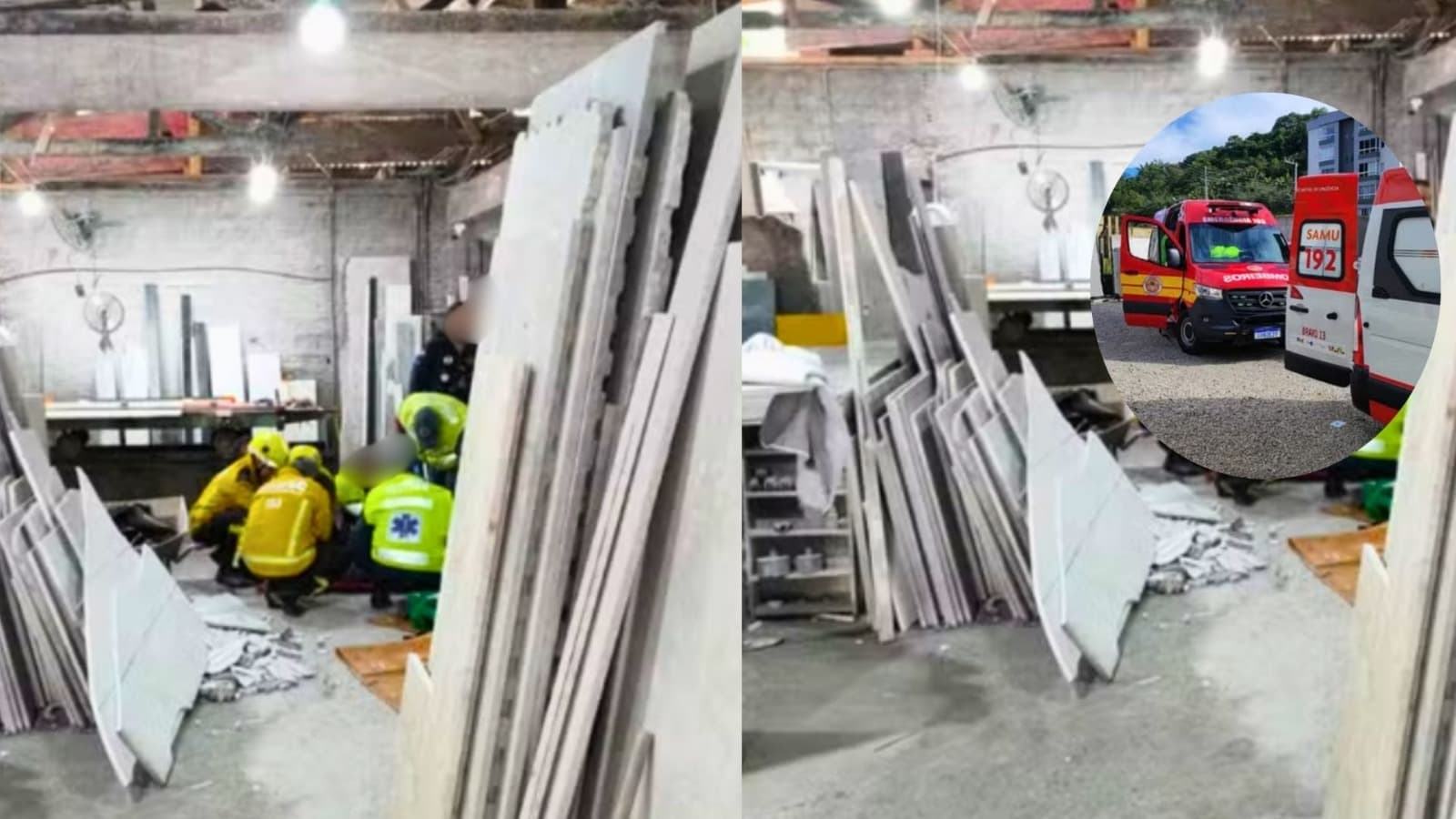 “Pesavam 300 quilos”: chapas de mármore desabam e dois trabalhadores ficam com as pernas prensadas em Gaspar