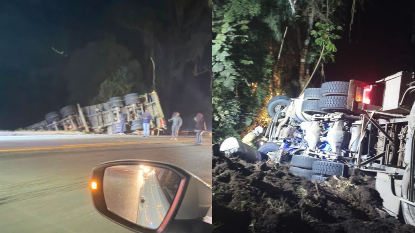 Motorista de caminhão com toras de madeira morre após tombamento na BR-470, em SC