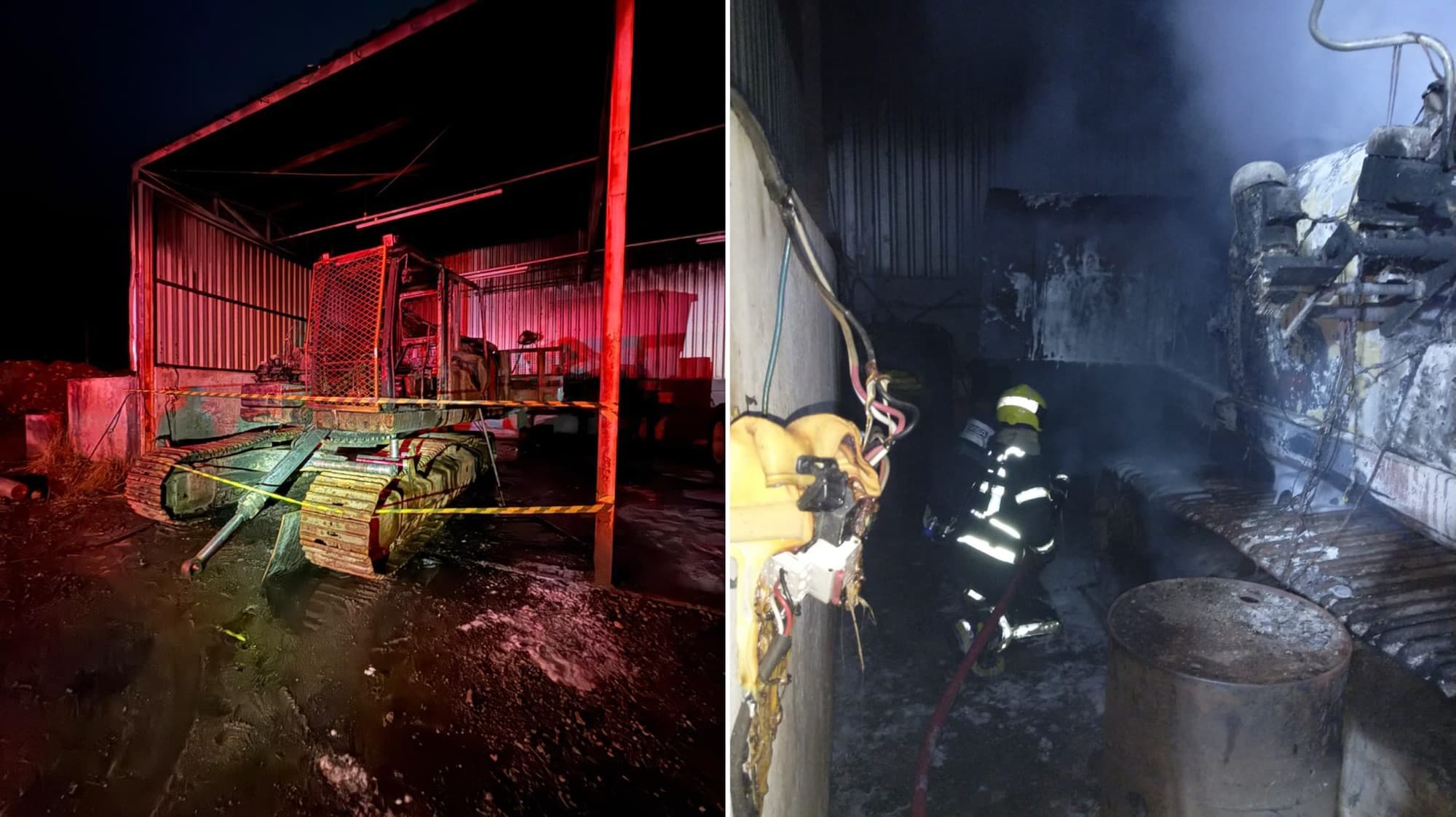 Escavadeira pega fogo durante manutenção e mobiliza bombeiros em empresa às margens da SC-446