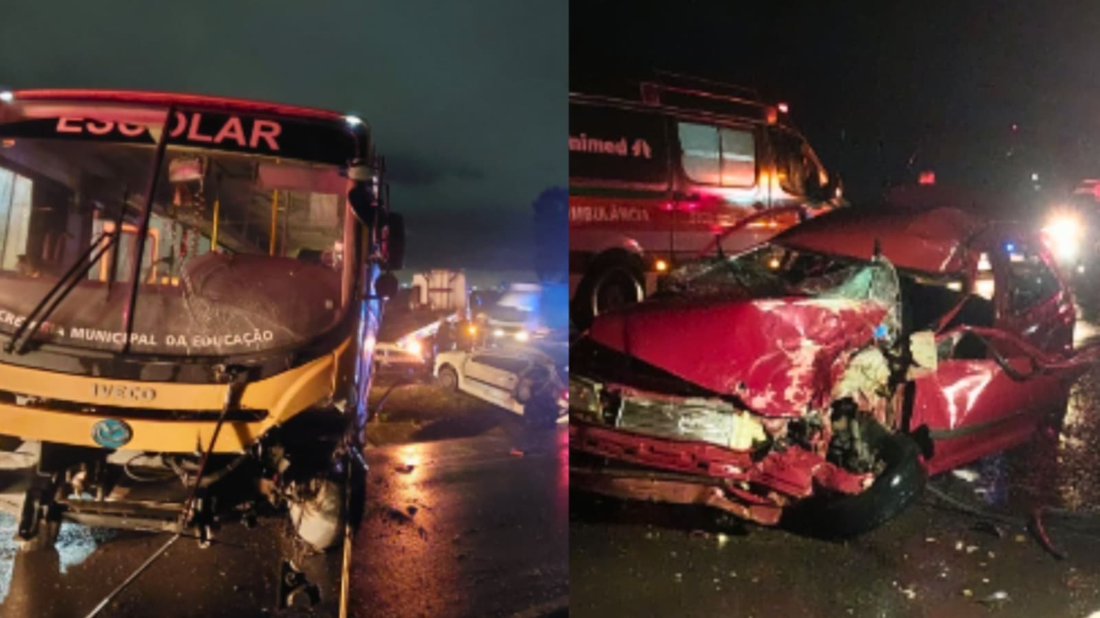 Ônibus escolar bate em dois carros, derruba poste e deixa cinco feridos na BR-282, em Lages