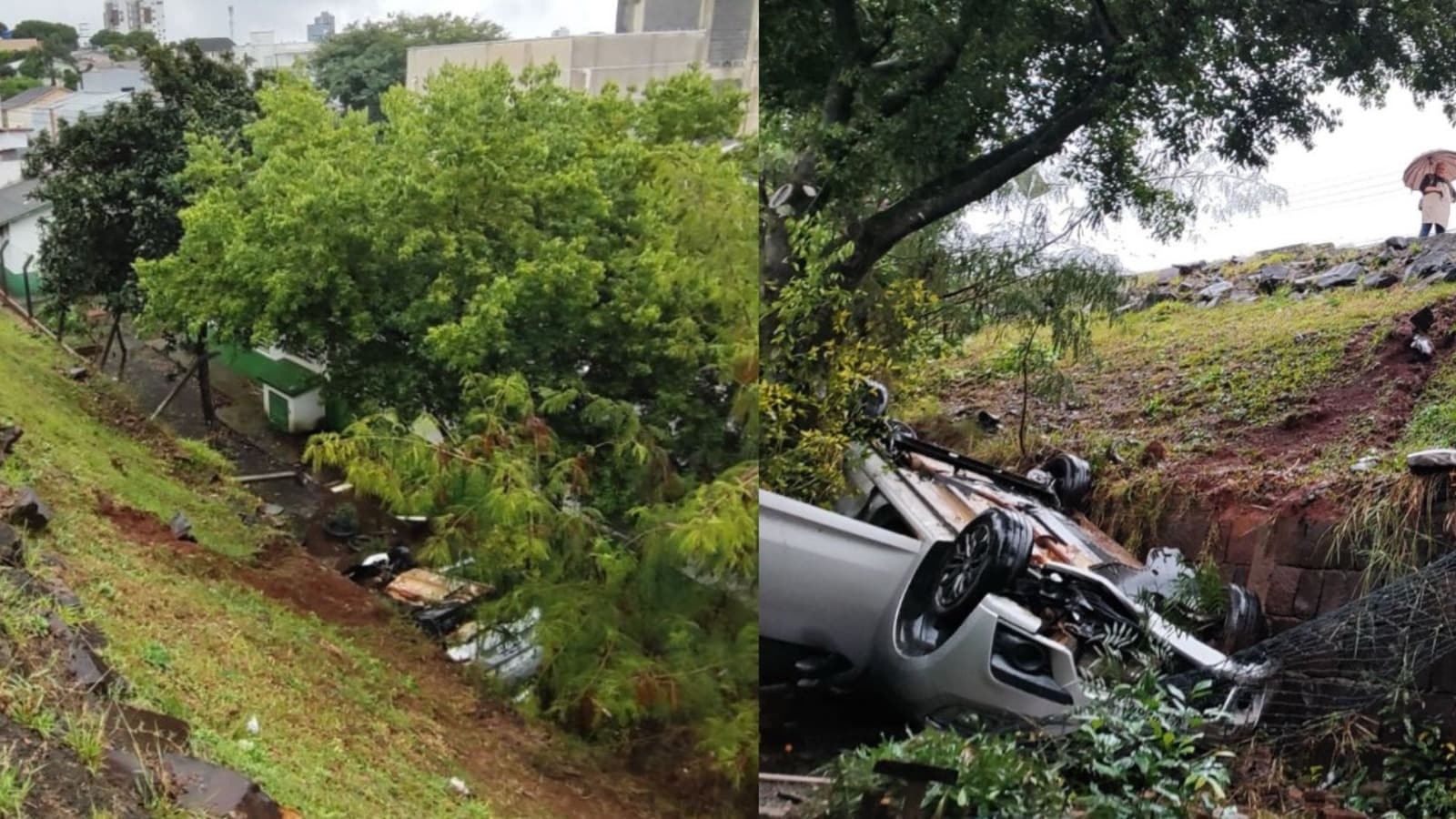 Rodas pra cima: carro de aplicativo despenca de barranco ao lado de centro de saúde de SC