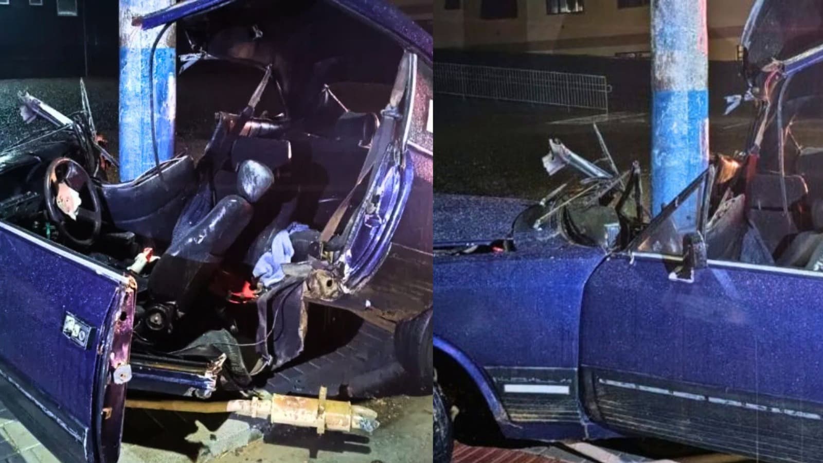 Cadê o motorista? Carro fica partido ao meio após bater em poste em SC