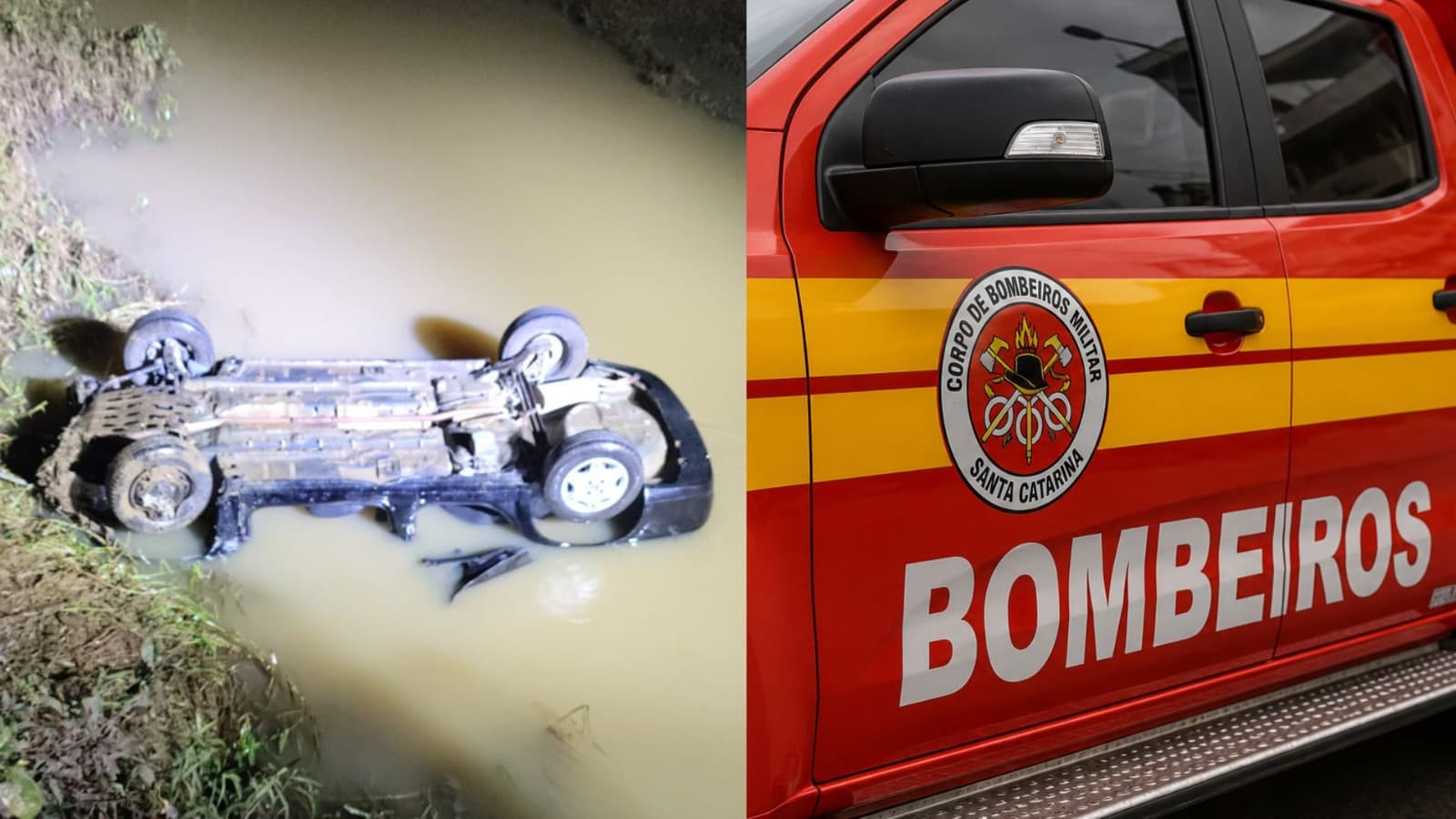 Carro cai em rio após capotamento e motorista morre preso ao cinto em SC