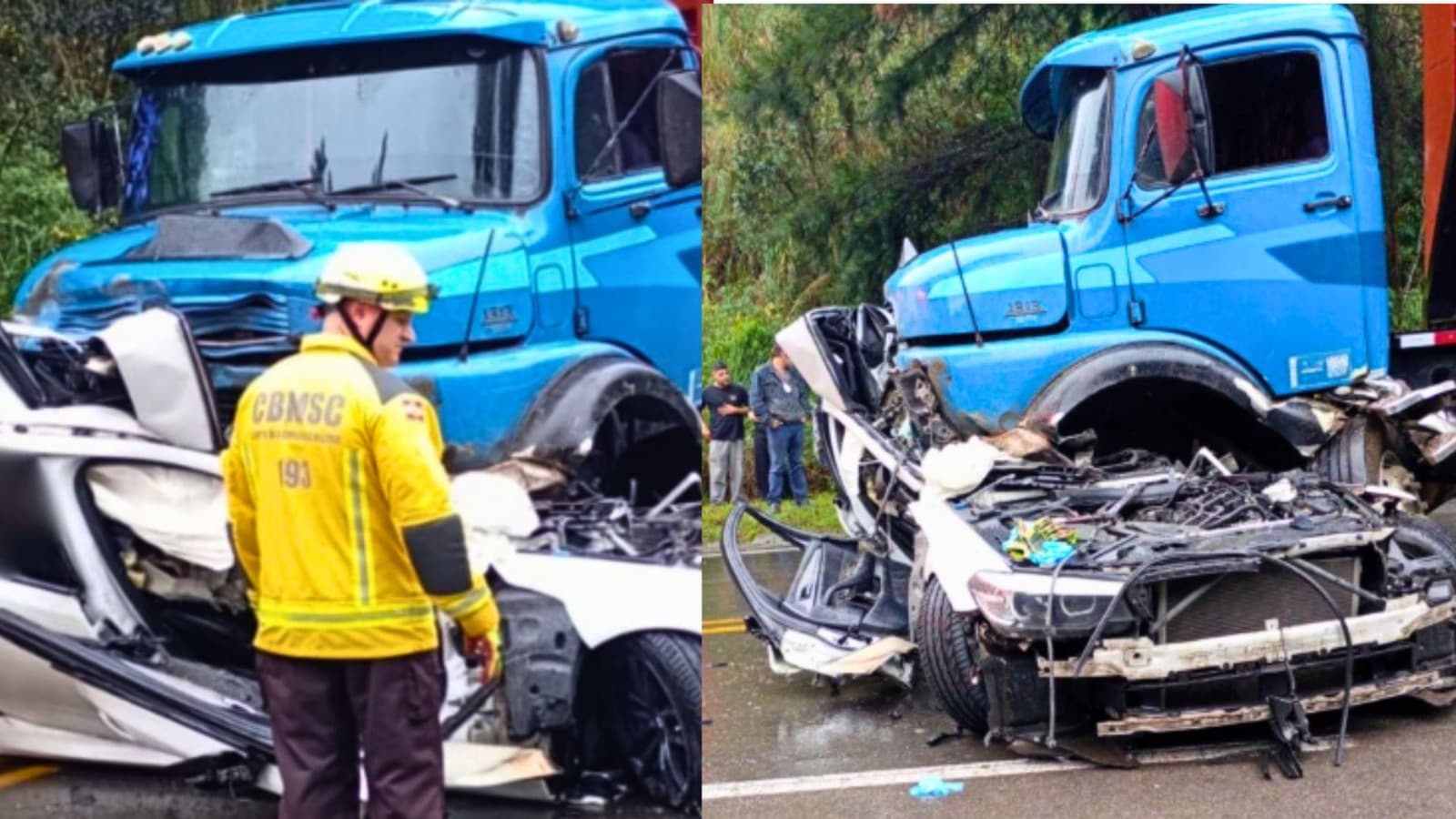 Motorista de BMW morre esmagada em colisão frontal com caminhão em SC