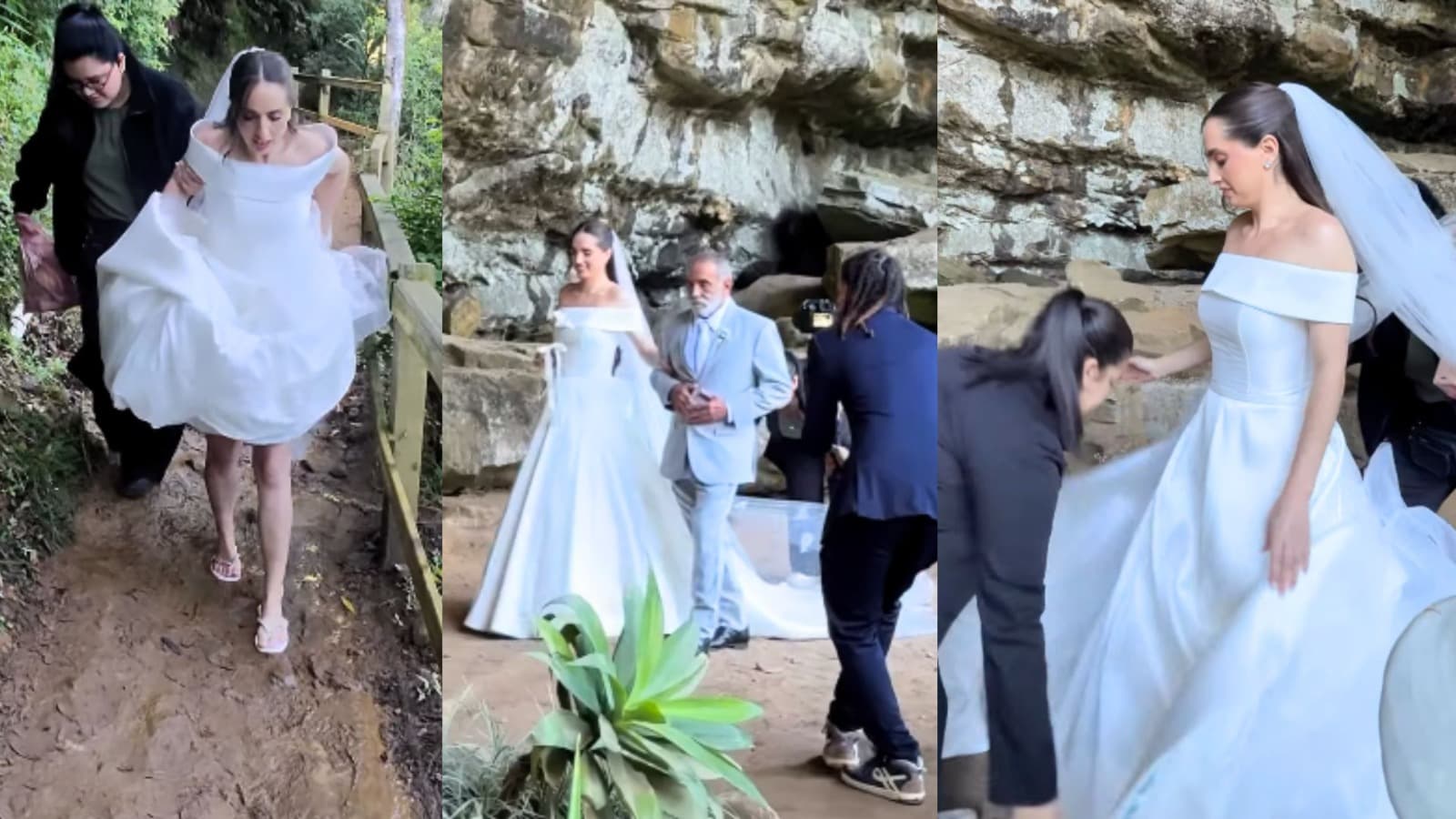 De chinelo e vestido branco: noiva encara lama para chegar ao altar de gruta com cachoeira em SC