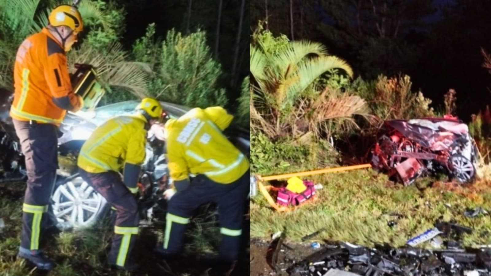 Colisão frontal deixa carro à beira de ribanceira em SC; bombeiros usam motosserra para retirar idosa
