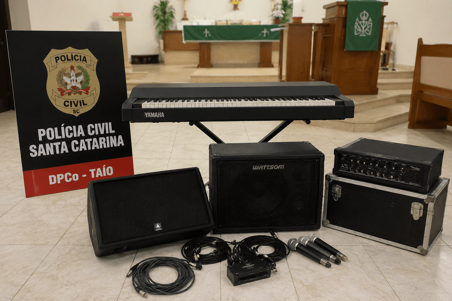Polícia Civil recupera equipamentos furtados de igreja e identifica suspeito foragido