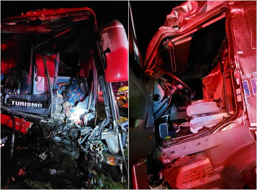 Motorista de ônibus fica preso às ferragens após colisão com carreta na BR-480, na divisa entre RS e SC