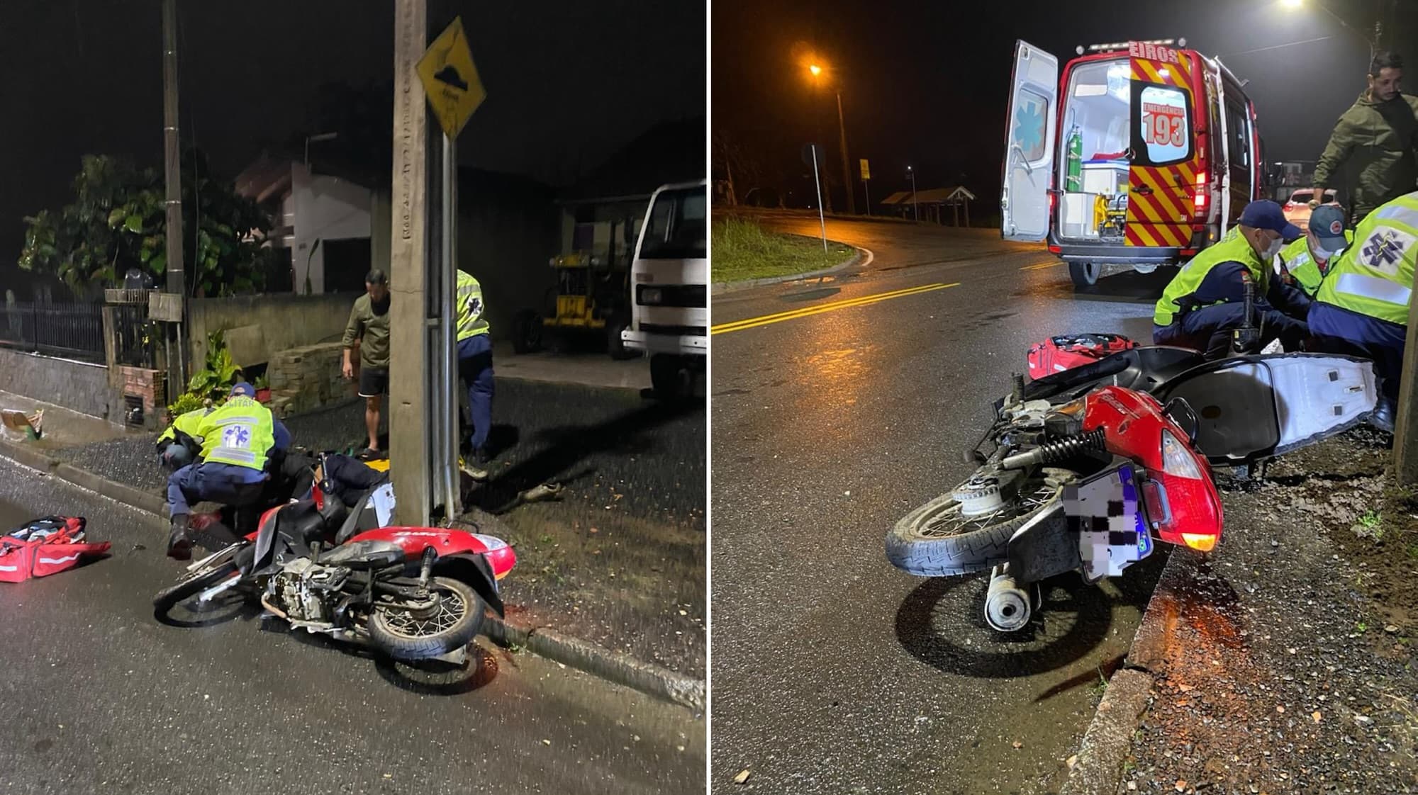 Motociclista de 21 anos fica ferido após bater em poste em alta velocidade