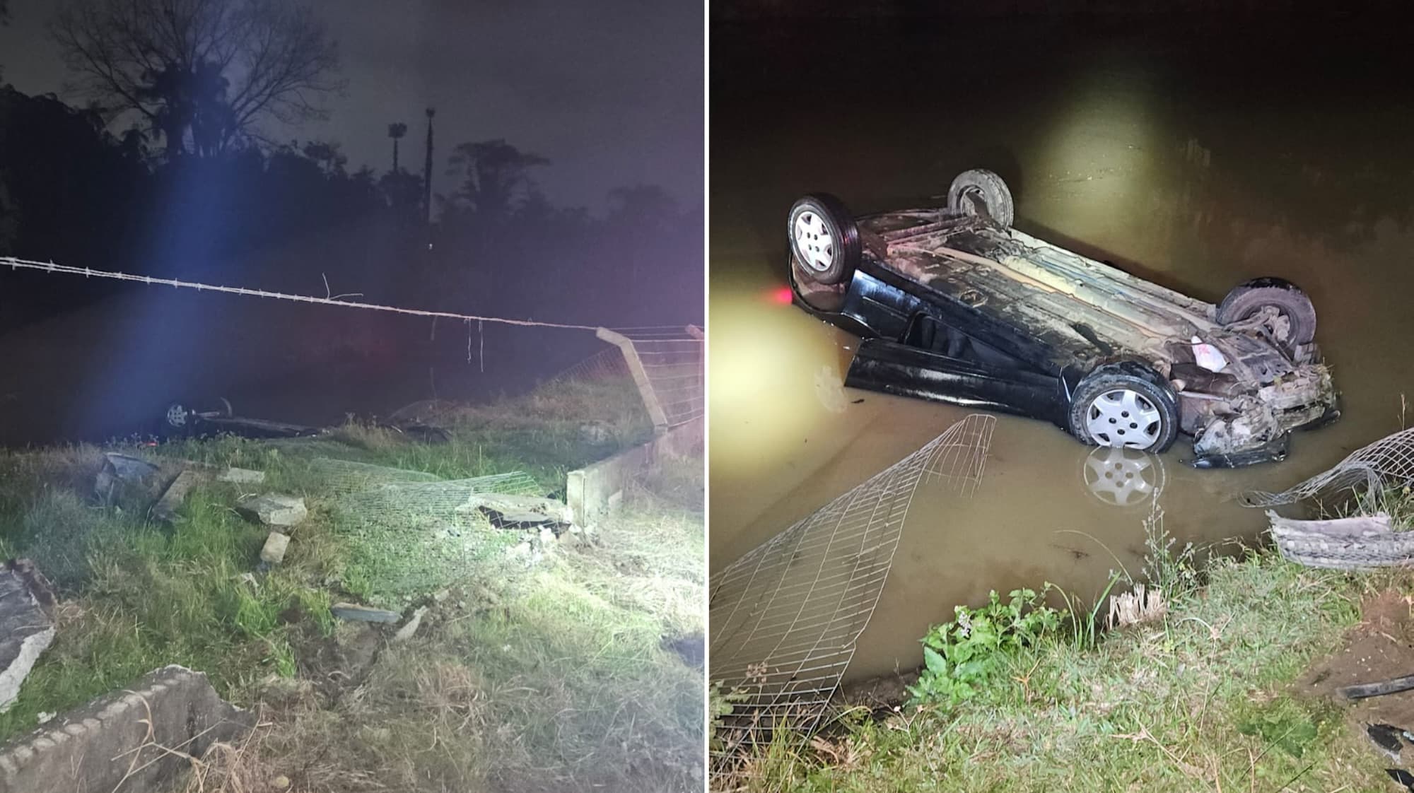 Carro capota e afunda em lagoa; motorista escapa e é levado ao hospital