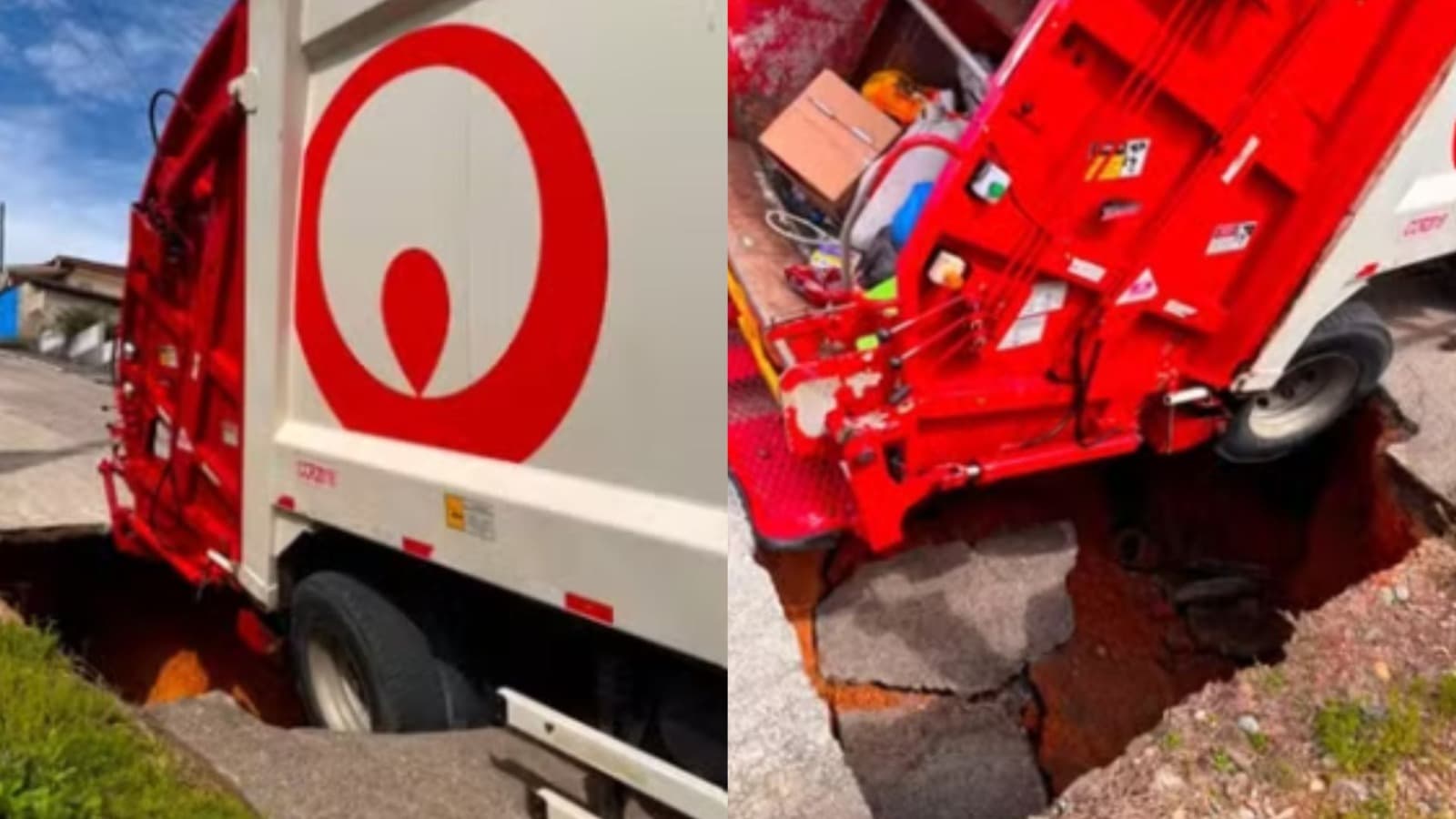 Terreno oco faz piso ceder e prende caminhão de lixo em Brusque; coletor tem ferimentos leves