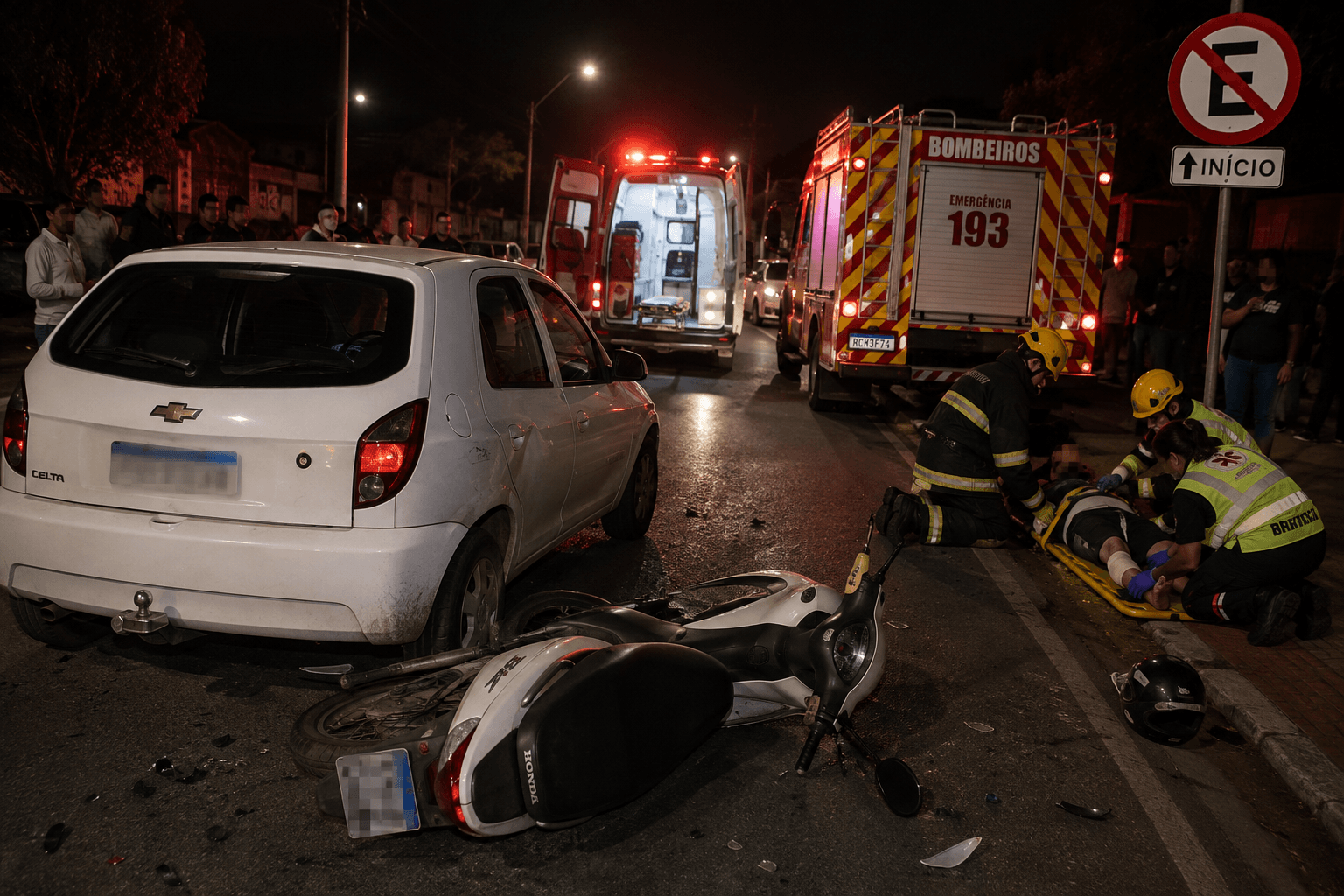 Carro bate em moto e veículo é projetado contra pedestre em Brusque