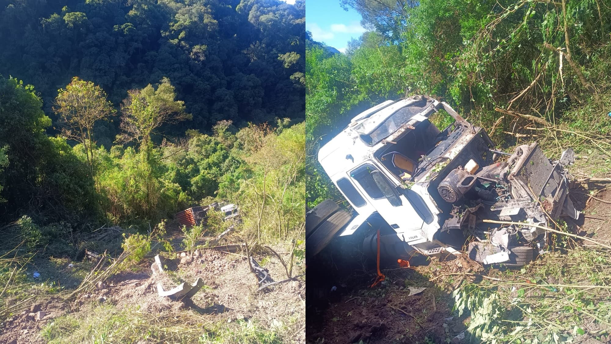 Carreta despenca 50 metros em ribanceira e mata uma pessoa na BR-470