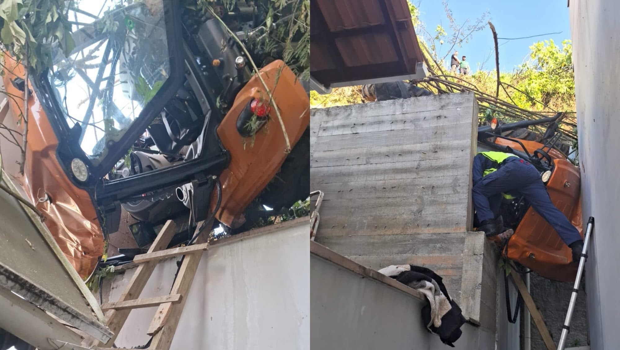 Trator despenca de ribanceira nos fundos de casas e mulher fica ferida em Brusque