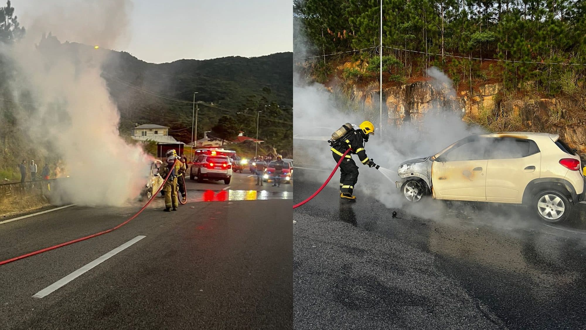 Carro pega fogo após sair de oficina e mobiliza bombeiros em Florianópolis