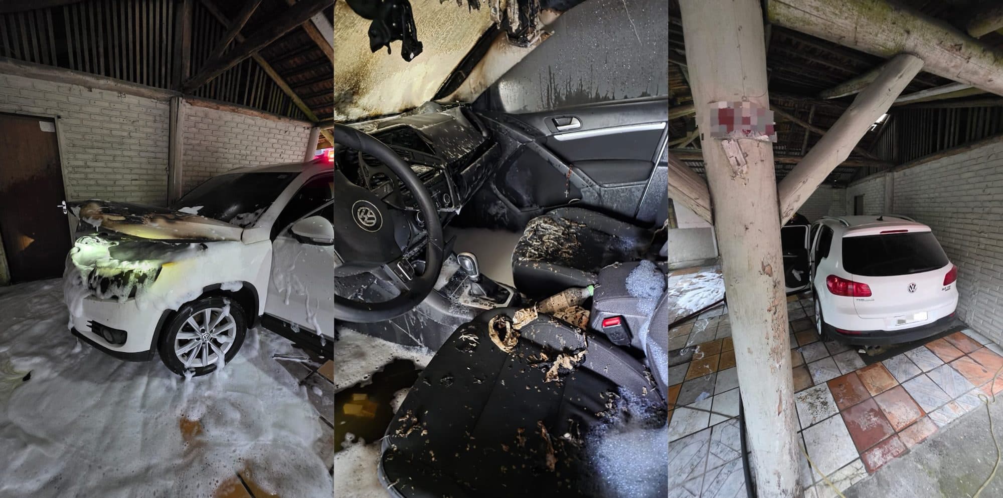 Carro pega fogo em garagem de Brusque e por pouco não incendeia casa inteira