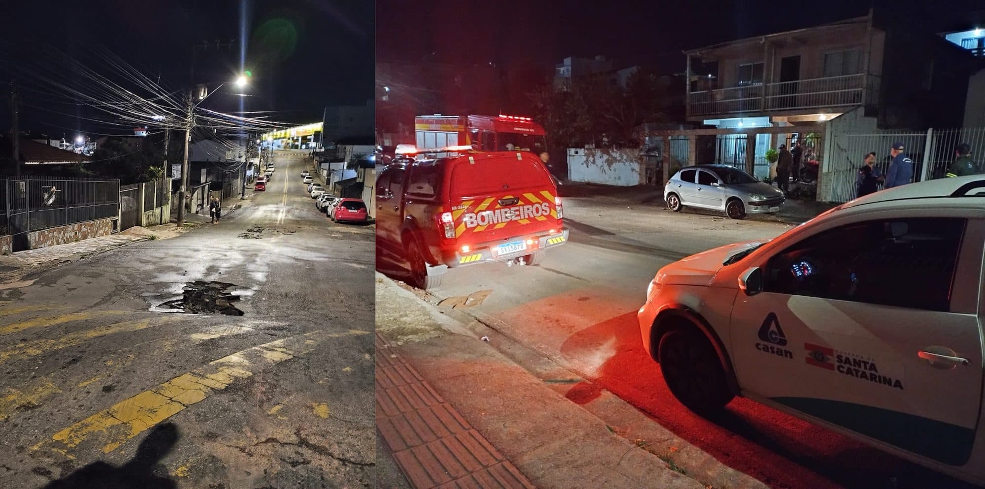 Tubulação rompe de madrugada, asfalto cede e casas são invadidas por enxurrada em Florianópolis