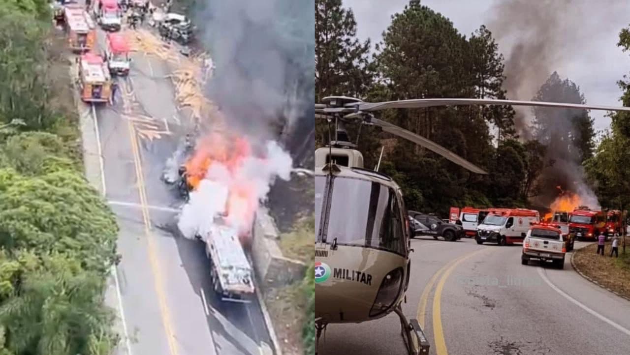 URGENTE: Acidente com duas carretas e quatro carros termina em morte na Grande Florianópolis