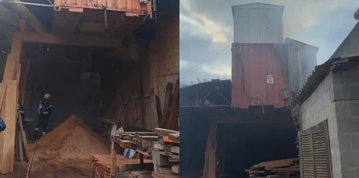Fogo atinge área de madeireira em São José e mobiliza bombeiros às pressas