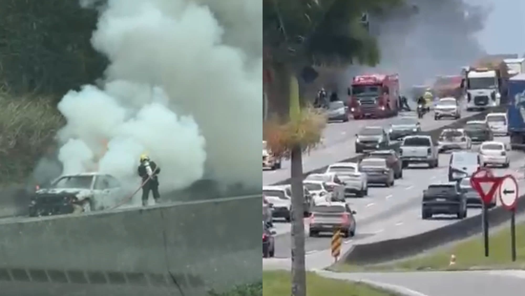 Incêndio em carro provoca lentidão na BR-101, em Itapema