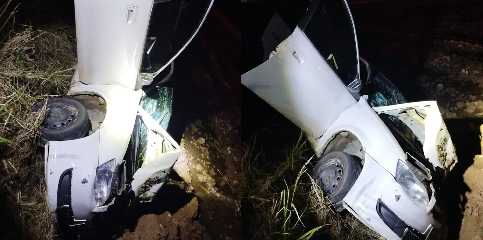 Carro com cinco homens cai em vala na SC-108 e motorista fica preso nas ferragens