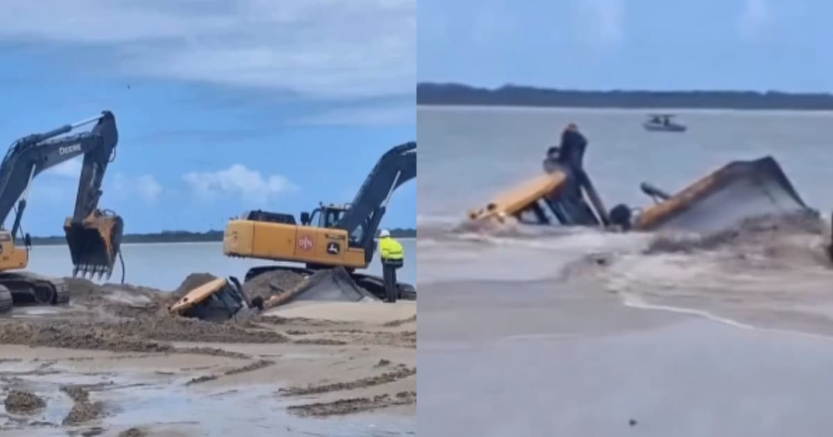 Máquina “atola” na areia durante obra em praia de SC; trabalhador escapa por pouco