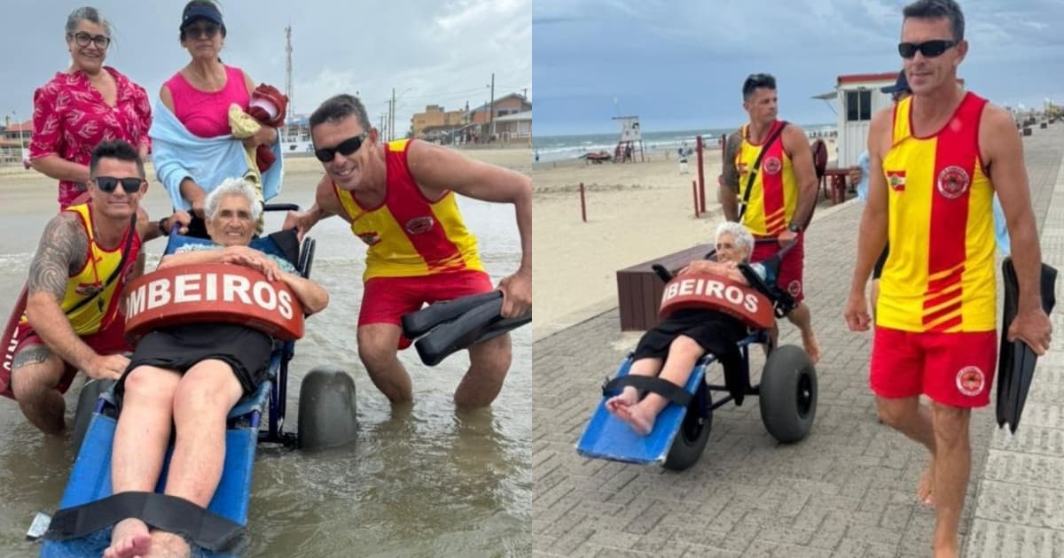 Com ajuda dos bombeiros, idosa de quase 100 anos conhece o mar pela primeira vez em SC