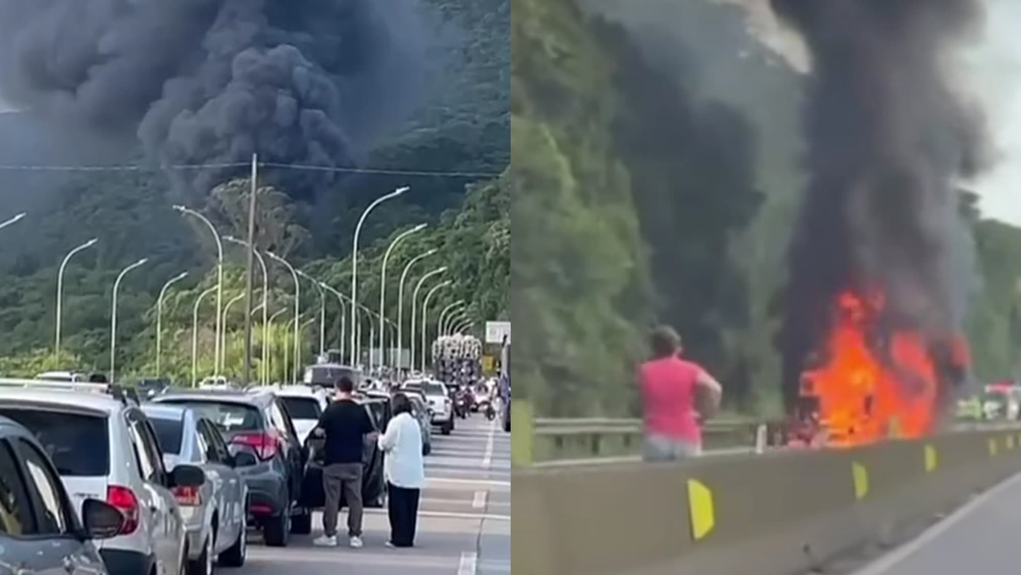 Caminhão pega fogo no Morro dos Cavalos e bloqueia trânsito na BR-101