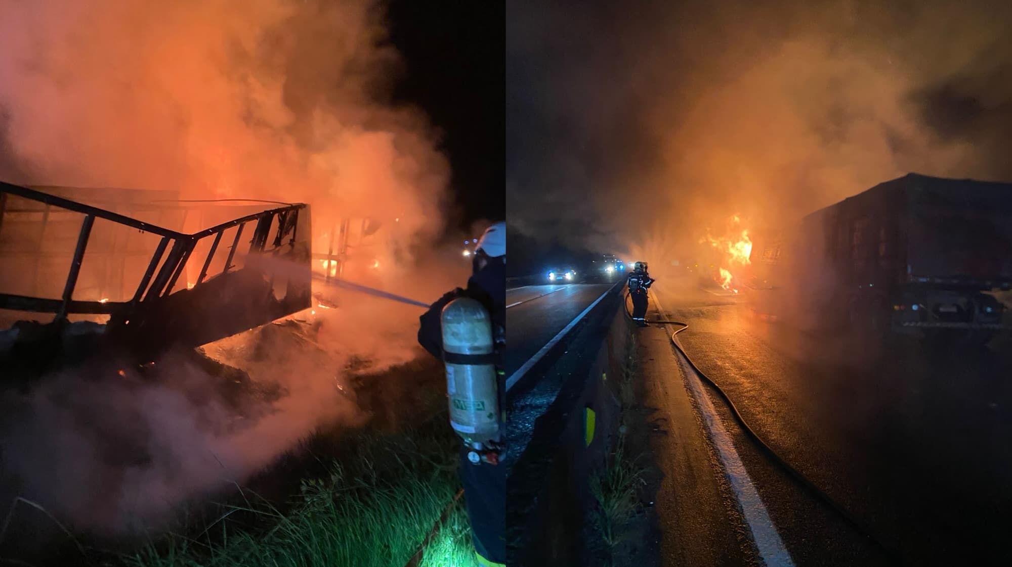 VEJA DETALHES: Incêndio após colisão destrói carretas e mobiliza bombeiros em Tijucas